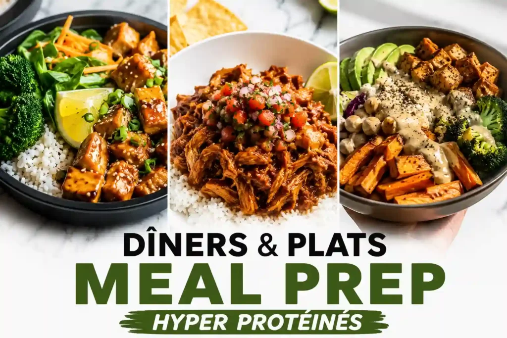 Three high-protein meal prep dinner bowls featuring chicken, rice, vegetables, avocado, and roasted sweet potatoes for easy weeknight meals.
