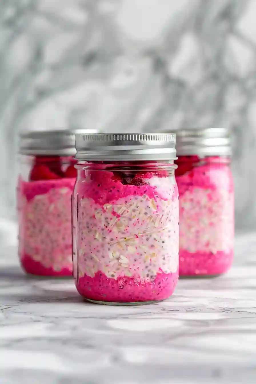 Creamy raspberry chia oat mixture portioned into glass mason jars ready for refrigeration.