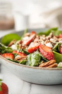 Strawberry Spinach Salad with Feta and Pecans 8 Strawberry spinach salad topped with feta cheese and toasted pecans, ready to serve.