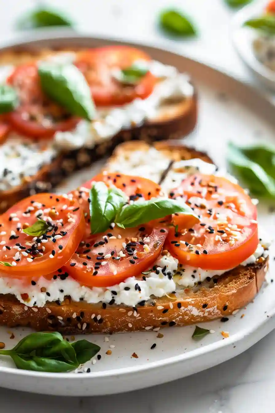 Cottage cheese toast topped with tomatoes, seasoning, and fresh basil leaves ready to serve.