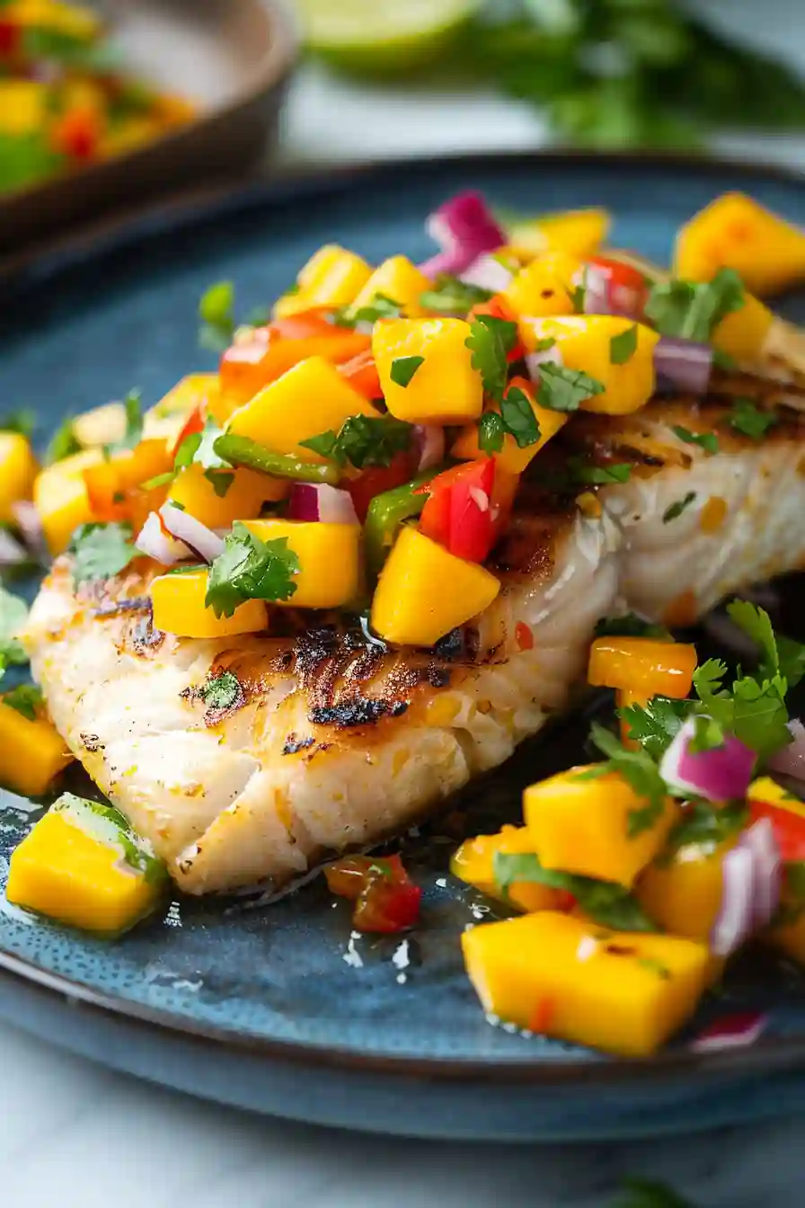 Finishing Grilled Fish with Fresh Mango Salsa Grilled fish fillets topped with vibrant mango salsa made with mango, peppers, onion, and cilantro.