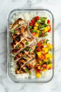 Mango Salsa Chicken Bowl with Cilantro-Lime Rice 8 Meal prep bowl with mango salsa stored separately in a silicone cup above rice and chicken.