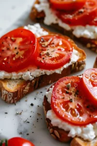 Cottage Cheese Toast with Tomatoes 5 Layering Fresh Tomato Slices on Cottage Cheese Toast