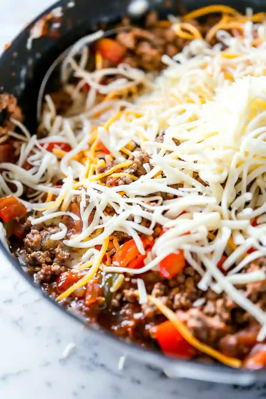 Shredded mozzarella melting into seasoned taco beef mixture