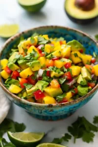 Mango Salsa Chicken Bowl with Cilantro-Lime Rice 5 Fresh mango salsa with avocado, red bell pepper, cilantro, and lime mixed in a bowl.