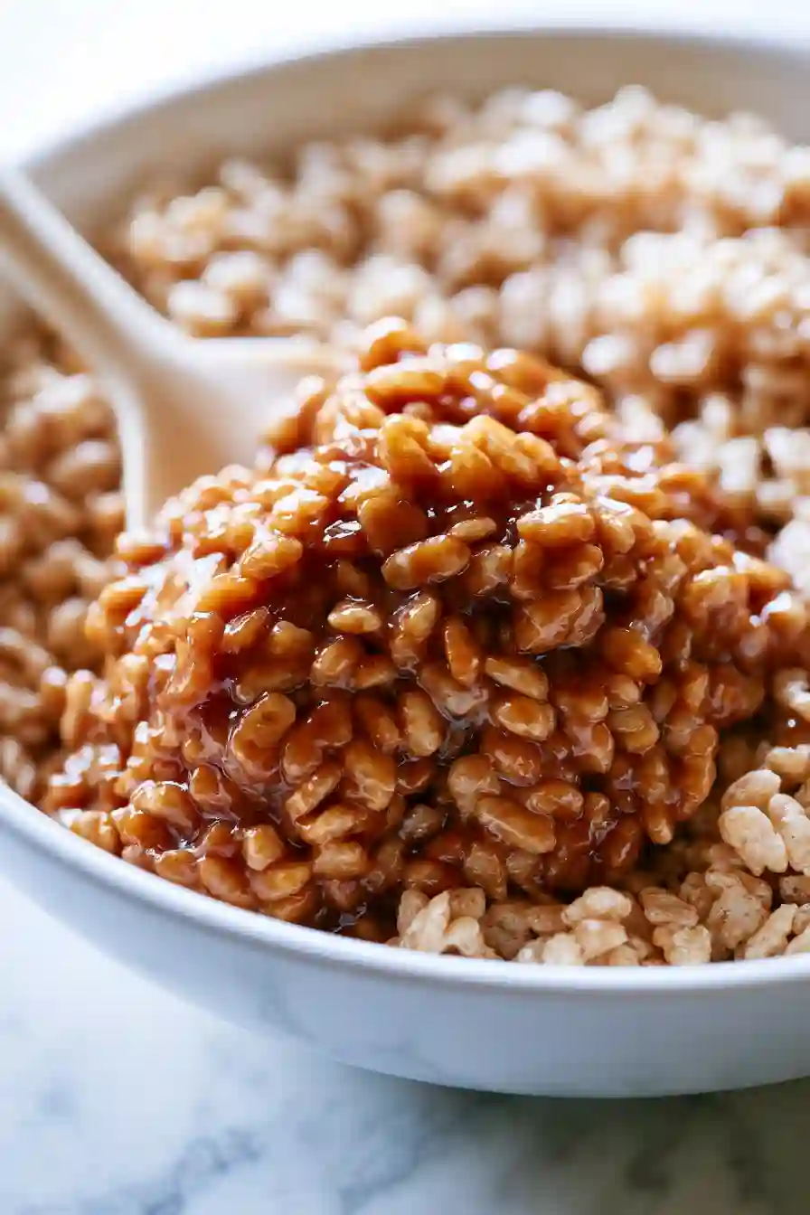 Crisp rice cereal evenly coated with sticky caramel date mixture.