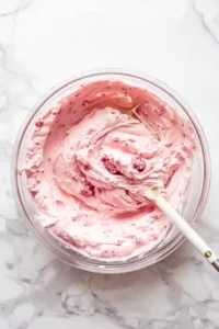Raspberry Frozen Yogurt Bark 4 Greek yogurt and raspberry jam being mixed into a smooth pink yogurt mixture in a glass bowl.