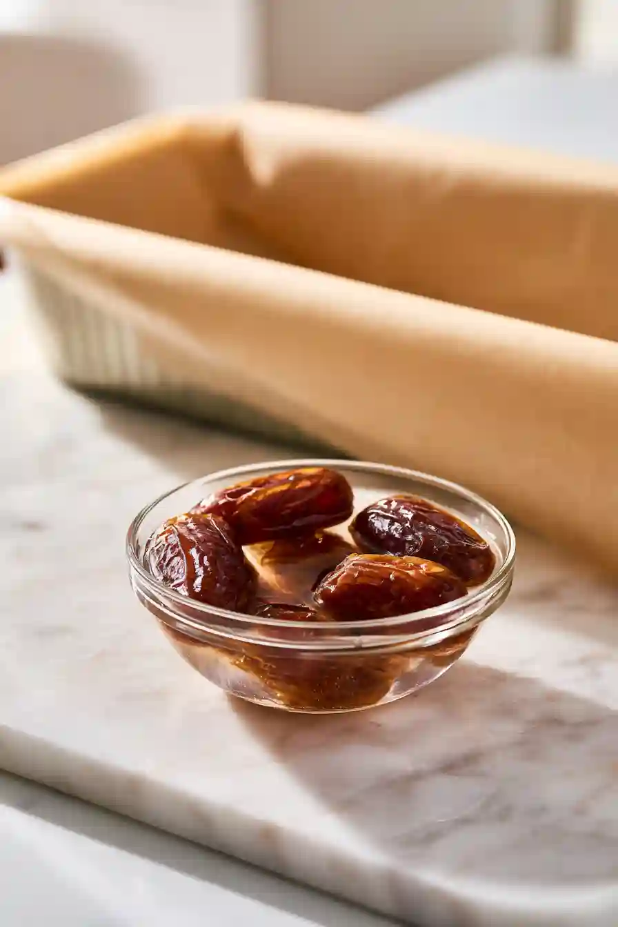 Soft Medjool dates soaking in warm water beside a parchment-lined loaf pan on a white marble countertop.