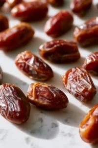Chopped Medjool dates cut into small pieces on a light marble countertop before cooking.