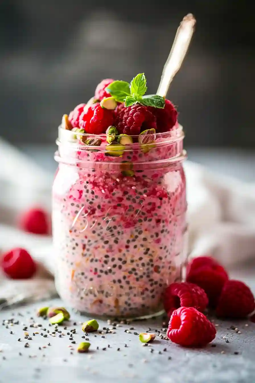 Creamy raspberry chia oats served in a glass jar topped with fresh raspberries and pistachios, ready to enjoy.