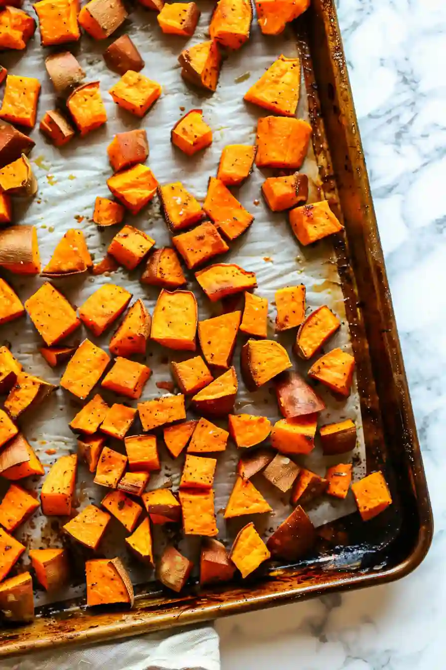 Golden roasted sweet potato cubes with caramelized edges on a baking sheet
