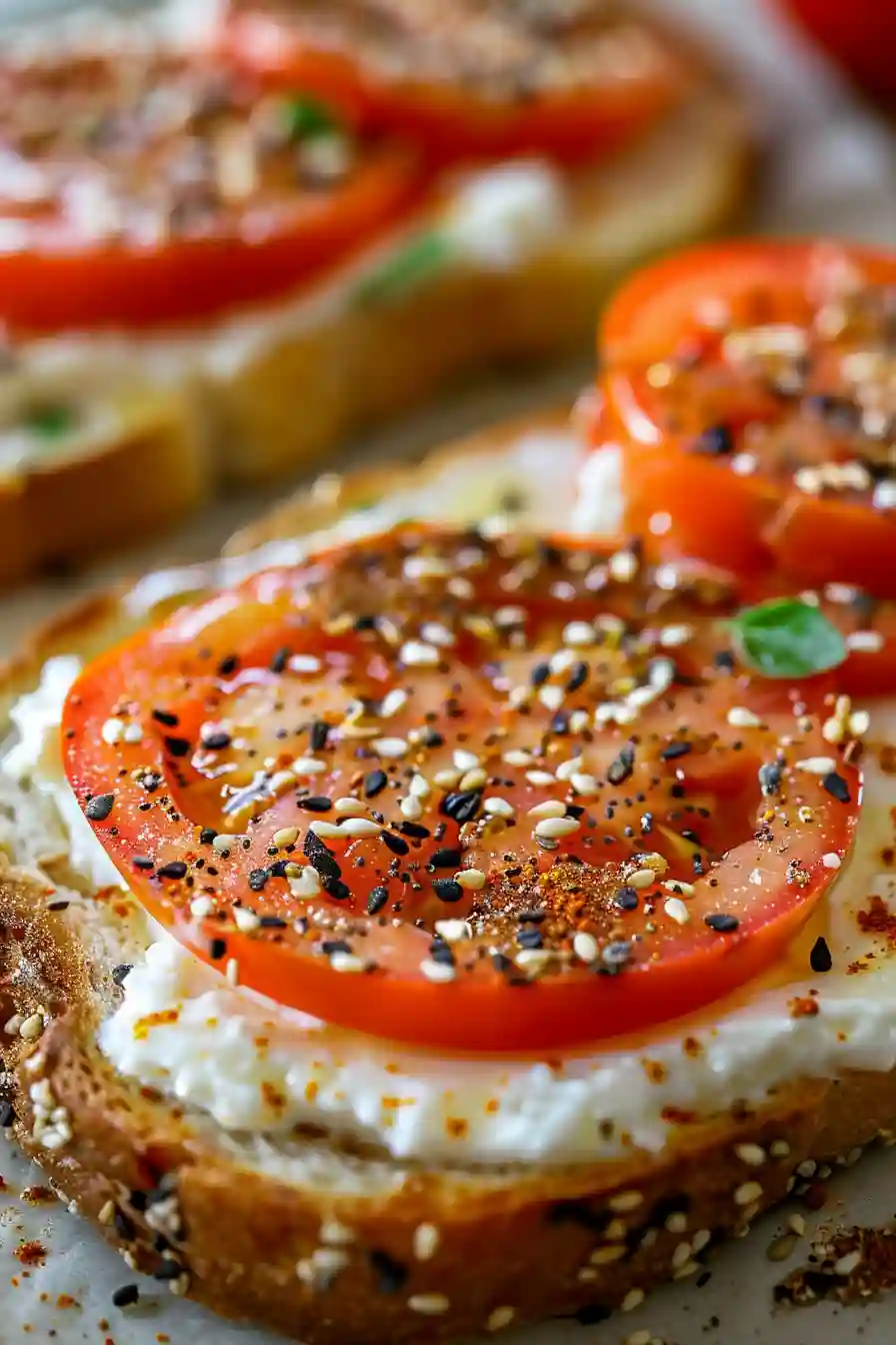 Tomato-topped cottage cheese toast sprinkled with everything bagel seasoning and Aleppo pepper.