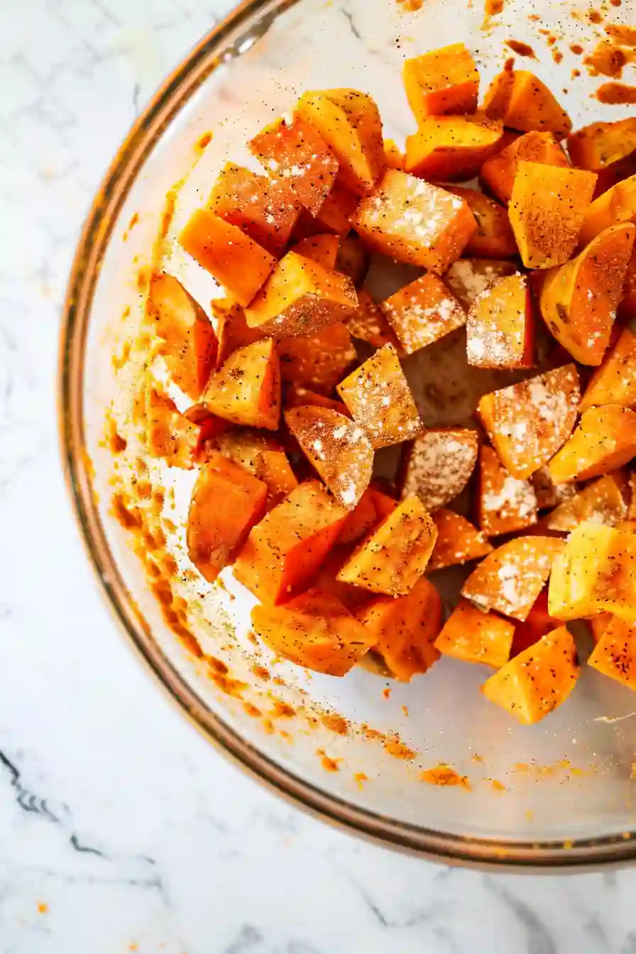 Sweet potato cubes coated with olive oil, paprika, garlic powder, and salt before roasting