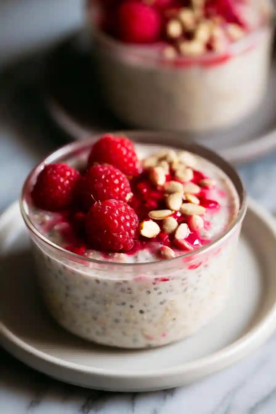 Square image of creamy raspberry chia oats served in a glass jar with fresh raspberry topping.