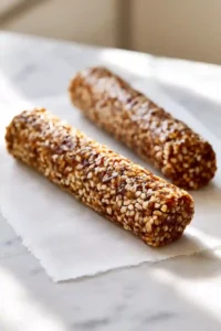 Sticky date cereal mixture formed into two long logs on parchment paper.