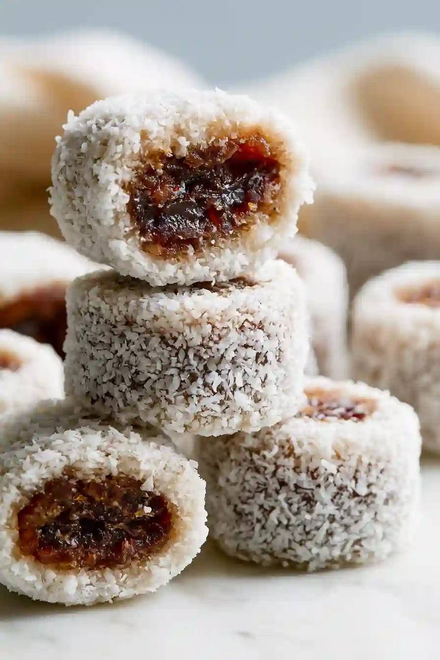 Round slices of coconut-coated date logs stacked neatly on a marble countertop.