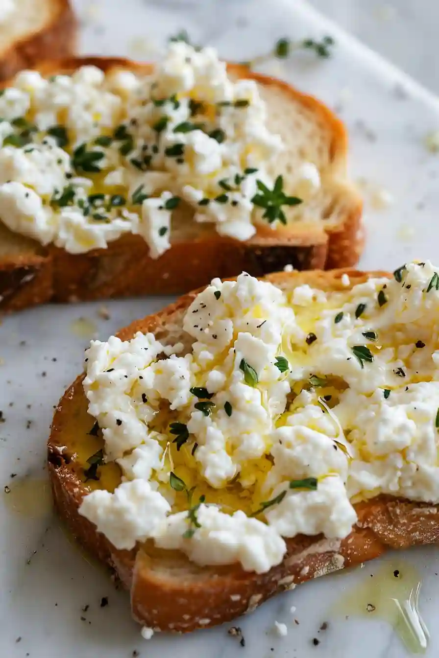 Golden toasted bread topped with olive oil and a thick layer of creamy cottage cheese.