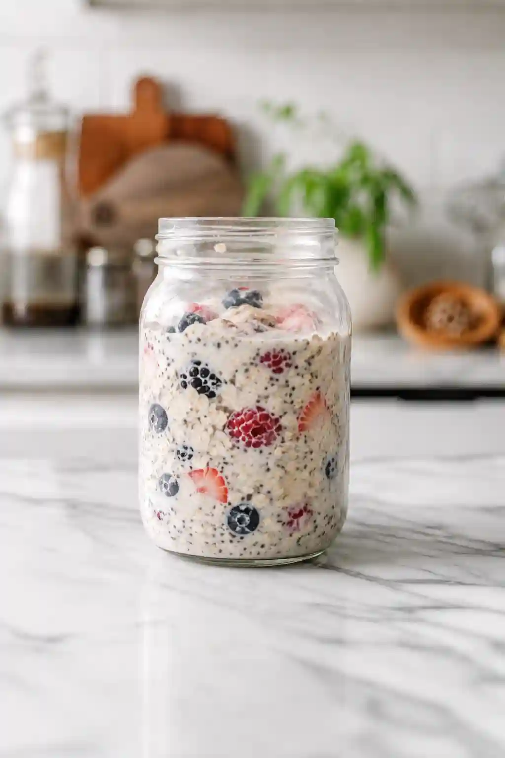 Stir the Overnight Oats Mixture Until Combined Overnight oats mixture fully combined with berries evenly distributed throughout a glass jar