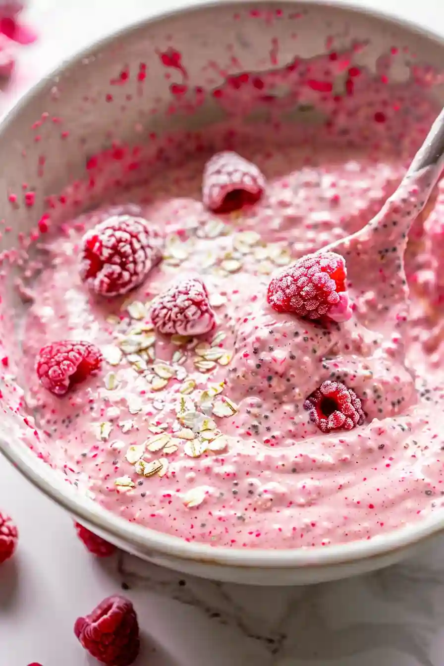 Creamy oat mixture being stirred as frozen raspberries release their pink color throughout the oats and chia seeds.
