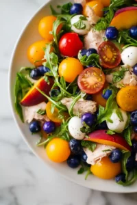 Red, White & Blue Summer Salad with Berries and Mozzarella 8 White balsamic marinated tomatoes being added to a summer berry salad before serving.