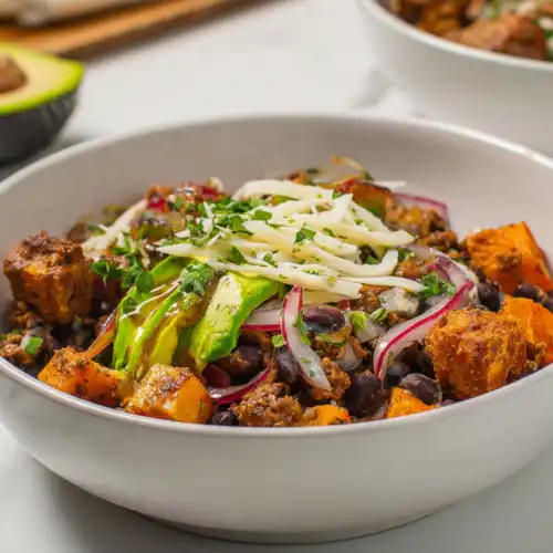 High Protein Taco Bowl with Roasted Sweet Potatoes and Smoky Beef