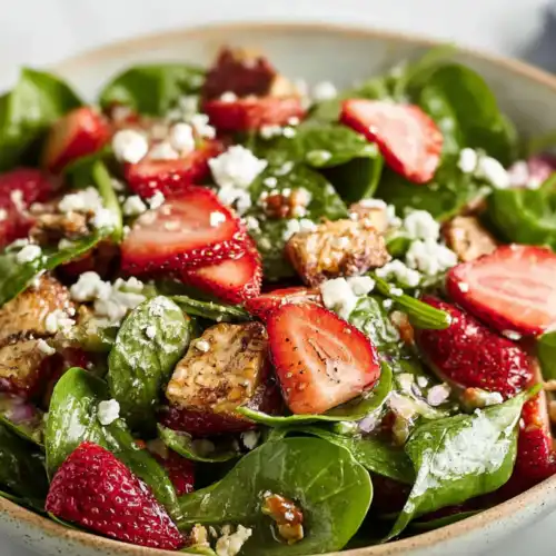 Strawberry Spinach Salad with Feta and Pecans 4 Strawberry spinach salad with feta cheese, toasted pecans, and balsamic poppy seed dressing.
