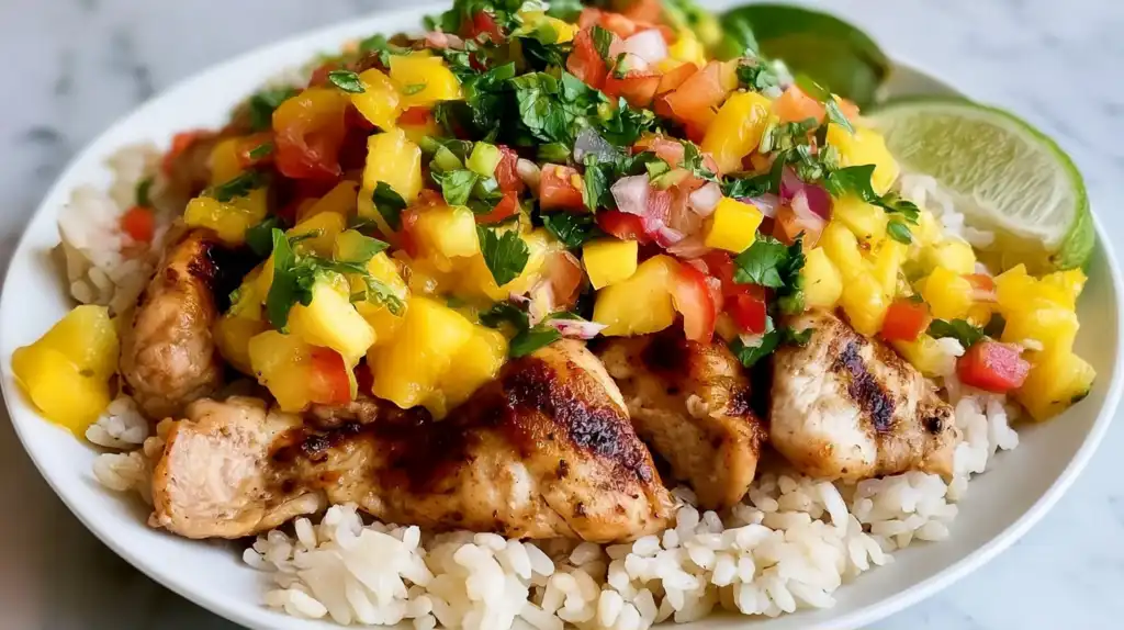 Mango Salsa Chicken Bowl with Cilantro-Lime Rice