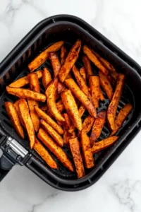 Sweet potato fries arranged in a single layer inside an air fryer basket for even cooking.