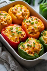 Buffalo Chicken Stuffed Peppers baked until the cheese is melted and garnished with sliced green onions.