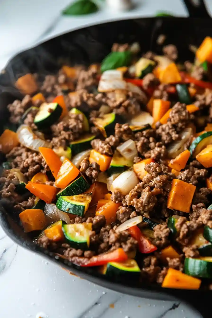 Ground beef browning beside sautéed vegetables in a black cast iron skillet.
