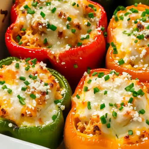 Buffalo Chicken Stuffed Peppers baked with melted cheese and fresh chives