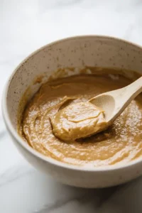 No-Bake Pumpkin Spice Energy Balls 4 Peanut butter, pumpkin purée, maple syrup, and vanilla extract being mixed into a smooth mixture for no-bake pumpkin spice energy balls.