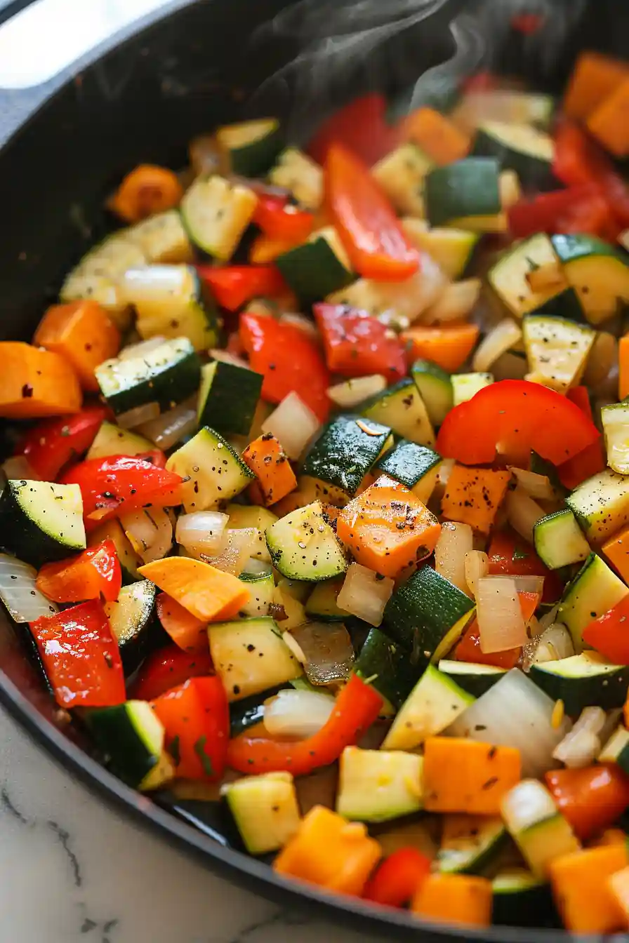 Zucchini, bell pepper, onion, garlic, and sweet potatoes cooking together in a cast iron skillet.