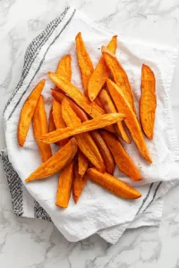 Fresh sweet potato fries spread on a clean kitchen towel and gently dried before seasoning.