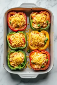 Bell pepper halves filled with creamy buffalo chicken and topped with shredded cheddar cheese before baking.