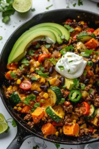 Healthy Ground Beef and Zucchini Skillet 7 Ground beef skillet with black beans, tomatoes, corn, melted cheese, avocado, cilantro, and sour cream ready to serve.