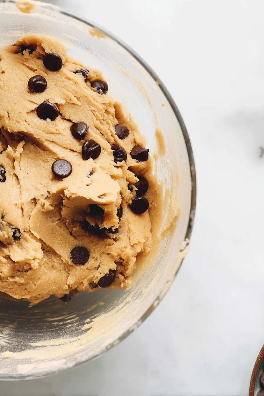 Thick almond flour cookie dough mixed with chocolate chips before chilling in the refrigerator.