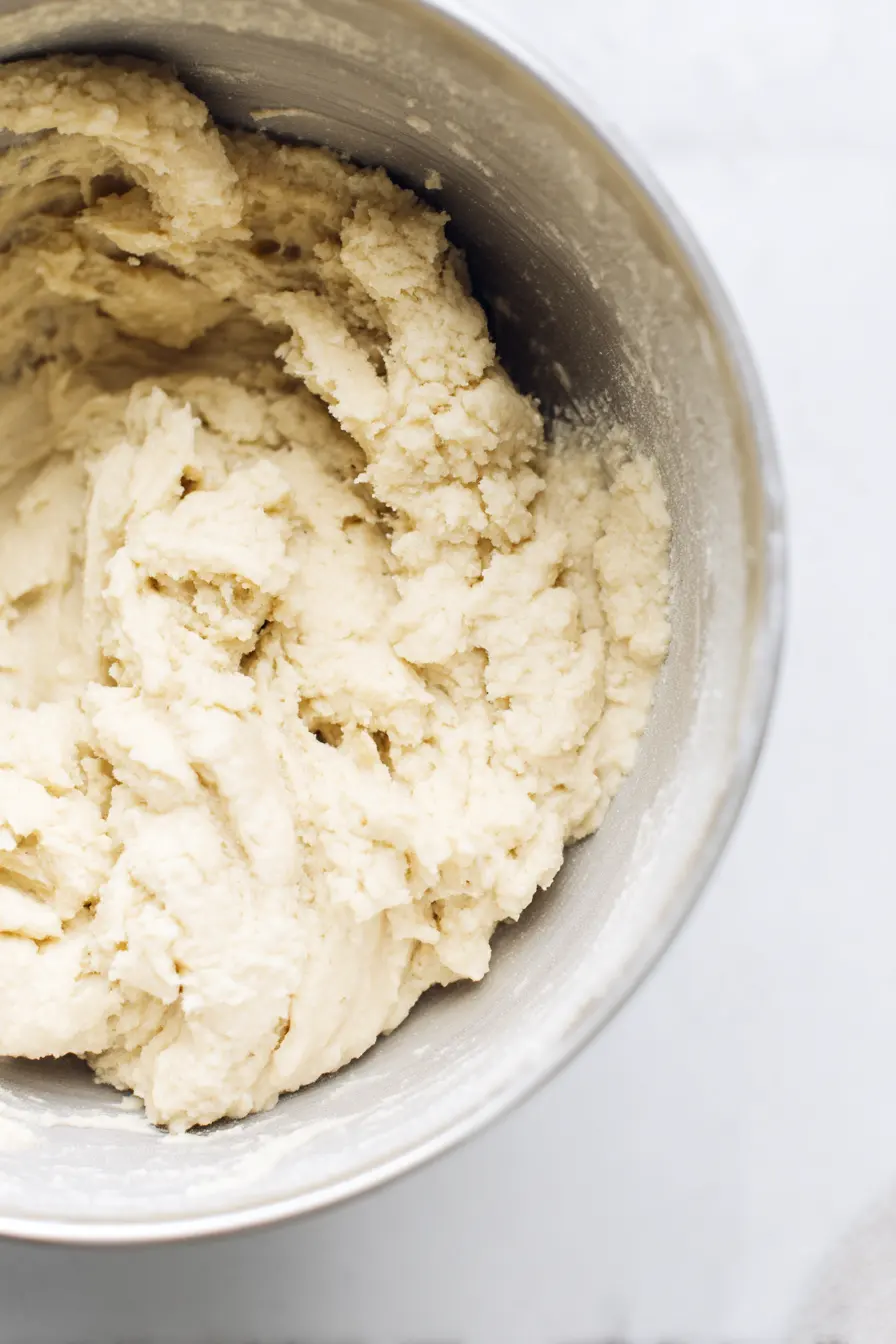 Almond flour, cornstarch, baking soda, and salt being mixed into cookie dough until just combined.