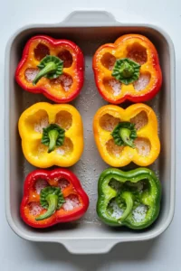 Six bell pepper halves brushed with olive oil and arranged in a ceramic baking dish before baking
