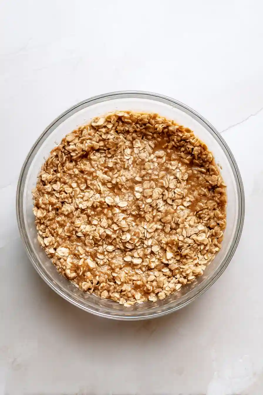 Rolled oats mixed with almond milk, applesauce, maple syrup, cinnamon, and flaxseed
