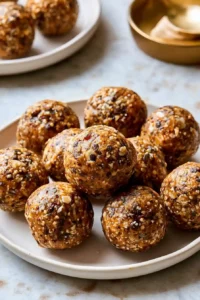 No-Bake Pumpkin Spice Energy Balls 7 Freshly rolled no-bake pumpkin spice energy balls arranged on a beige ceramic plate.