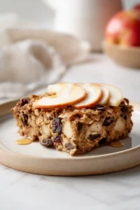 Warm slice of apple cinnamon baked oatmeal served with fresh apple slices