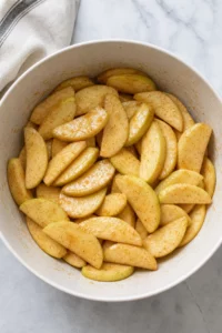 Healthy Cinnamon Apple Crisp 10 Quarter-inch apple slices coated with maple syrup, lemon, cinnamon, vanilla, nutmeg, cornstarch, and salt