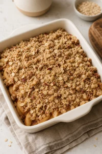 Healthy Cinnamon Apple Crisp 11 Cinnamon apple filling covered loosely with oat and pecan topping in an eight-inch square baking dish