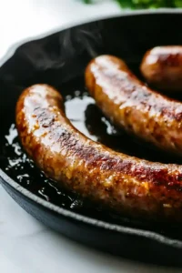 Bratwurst with Caramelized Onions (Easy Skillet Recipe) 4 Browning the Bratwurst in the Skillet