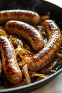 Bratwurst with Caramelized Onions (Easy Skillet Recipe) 5 Coating the Bratwurst with Caramelized Onions