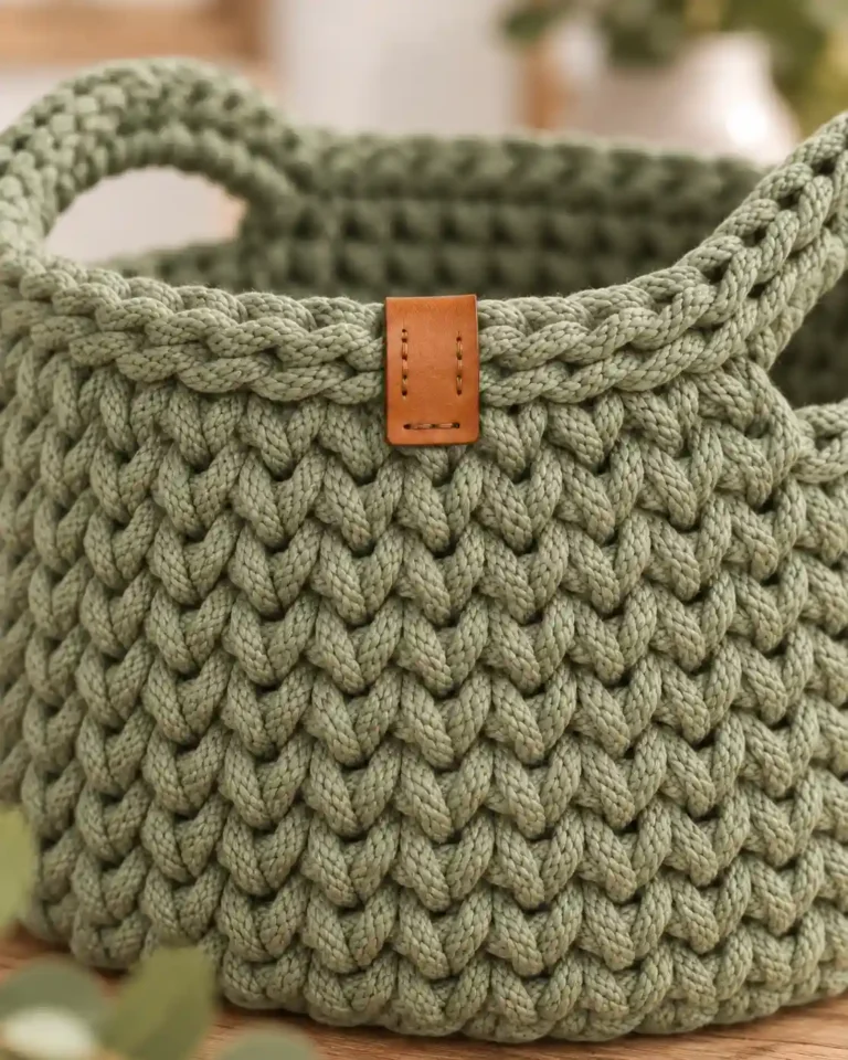 Close-up of chunky sage-green crochet texture, rim, and tan tag