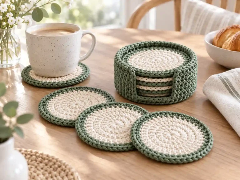 Home 7 Sage and cream crochet coasters with a matching holder beside coffee and croissants