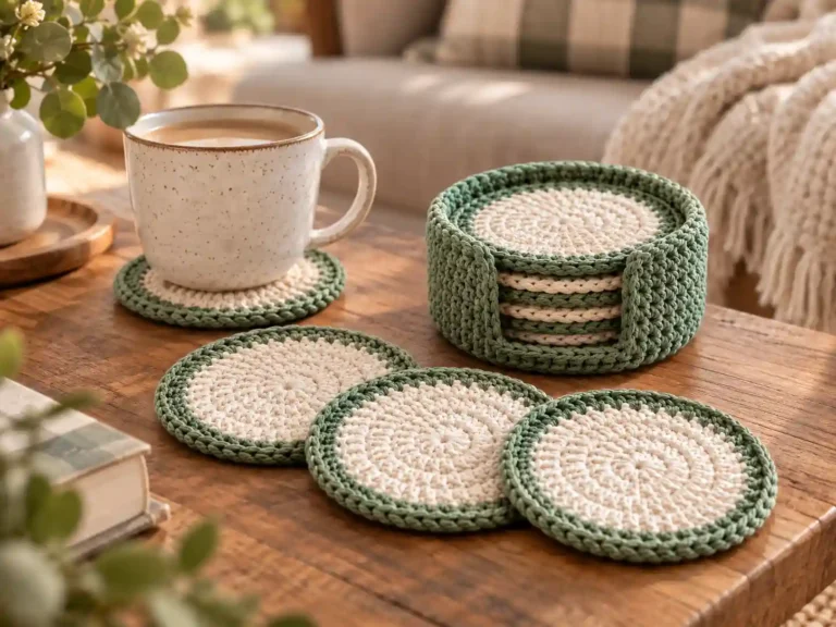 Crochet Coaster and Holder Pattern — Sage & Cream PDF 2 Sage green and cream crochet coasters with their matching holder on a wooden table