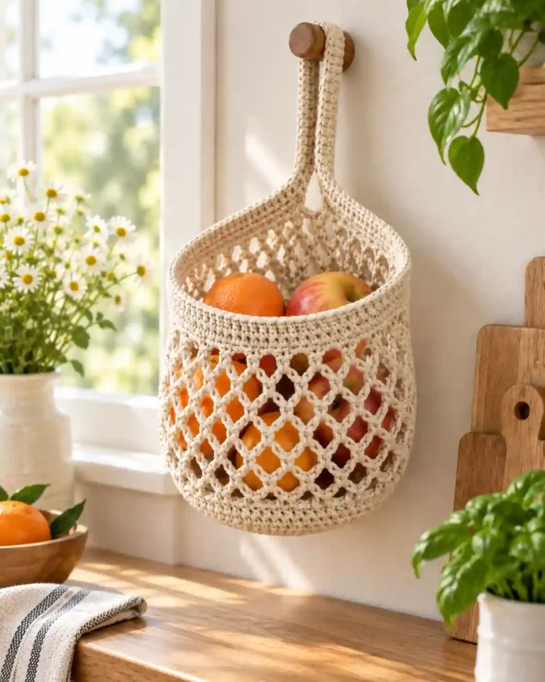 Crochet Hanging Produce Basket Pattern — Printable PDF 3 Cream crochet hanging basket holding apples and oranges beside a kitchen window